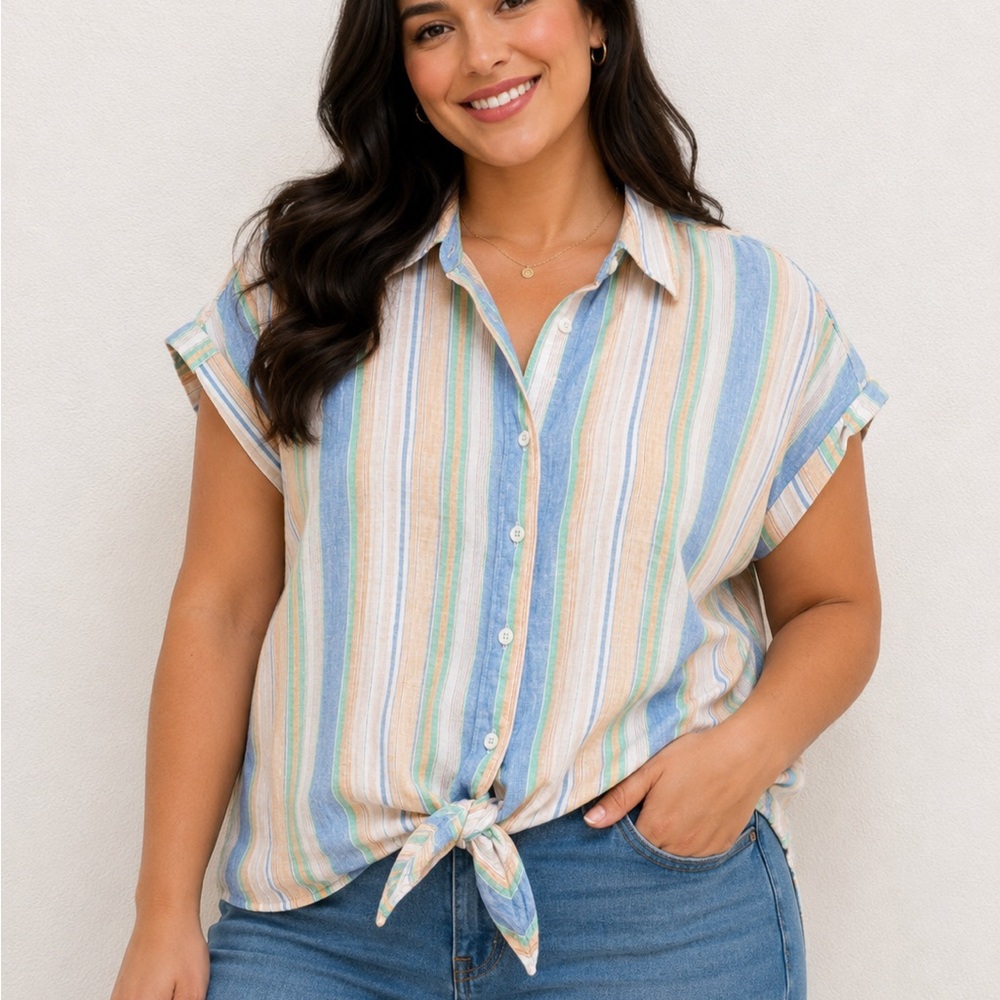 Talbots Striped Tie-Front Button-Down Shirt‎ 100% linen MP
